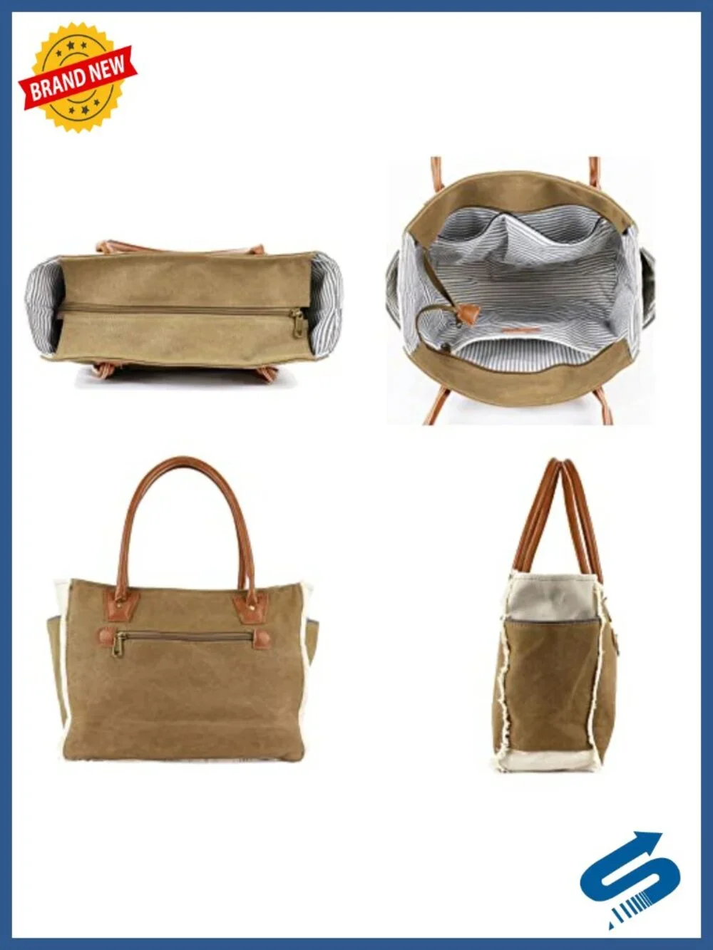 Upcycled Canvas Leather Tote Bag with Pockets